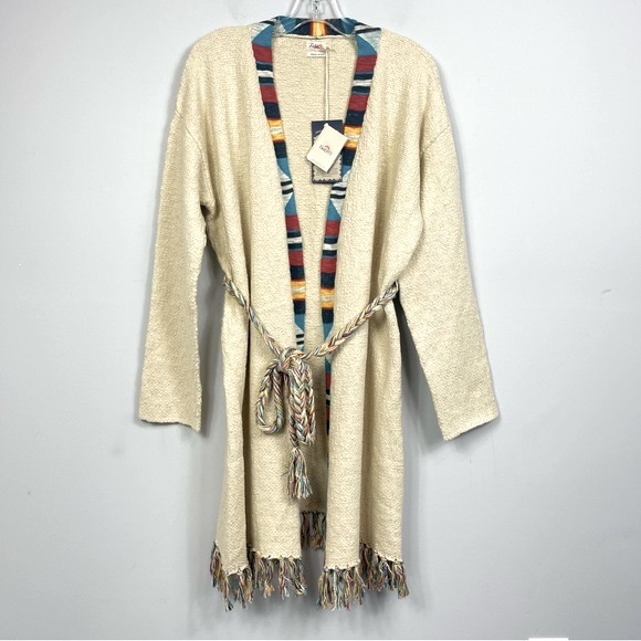 NWT Faherty Crow Stripes Duster Cardigan Braided Belt Border Stripe Ivory M / L - Picture 5 of 16